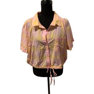 BP Windowpane Crop Button Up Shirt in Pink and Yellow 1X NWT